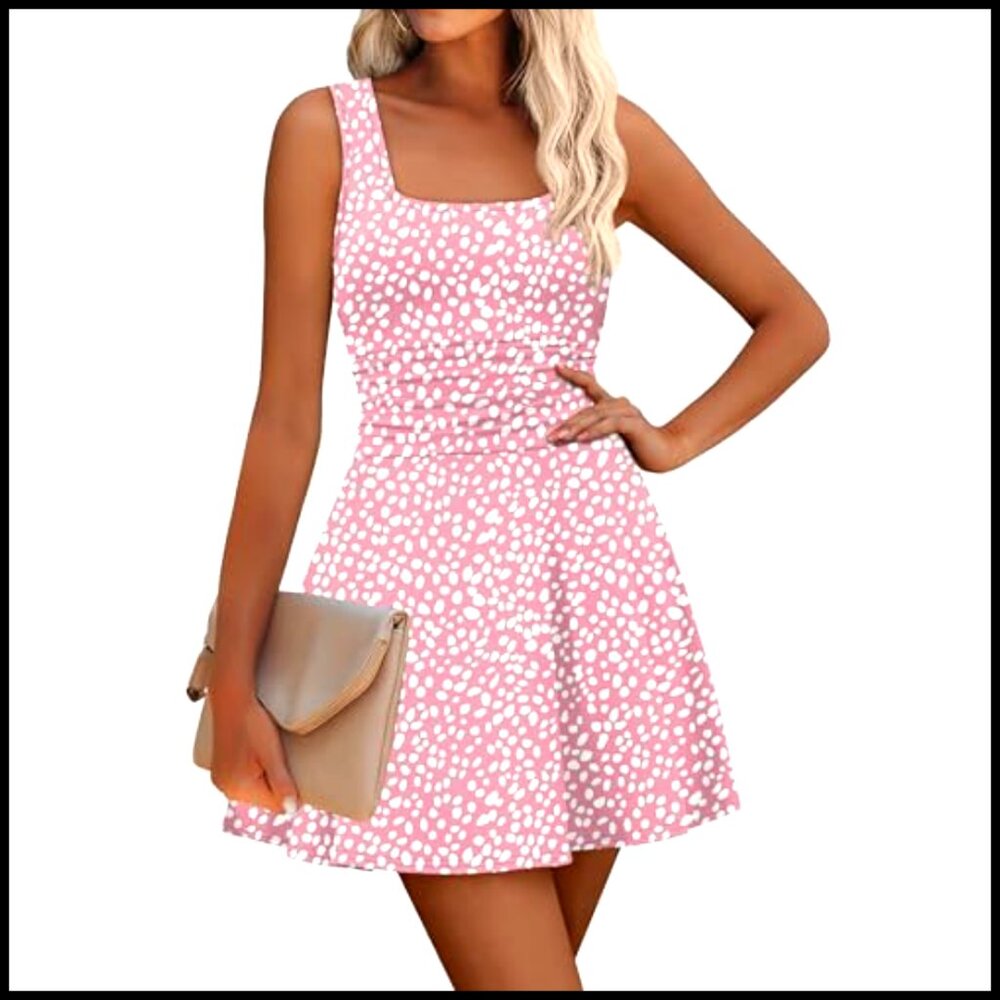 Summer Square Neck Sleeveless Mini Dress Ruched Waist Fit Flare Pleated - Picture 2 of 7